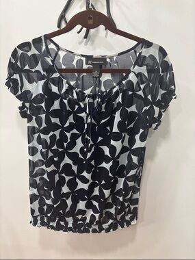 INC International Concepts Black & White Floral Tie-Neck Short Sleeve Blouse
